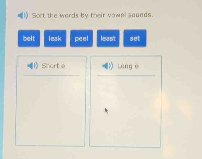 sort the words by their vowel sounds. belt leak peel least set short e …