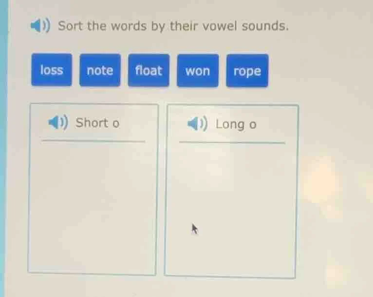 sort the words by their vowel sounds. loss note float won rope short o …
