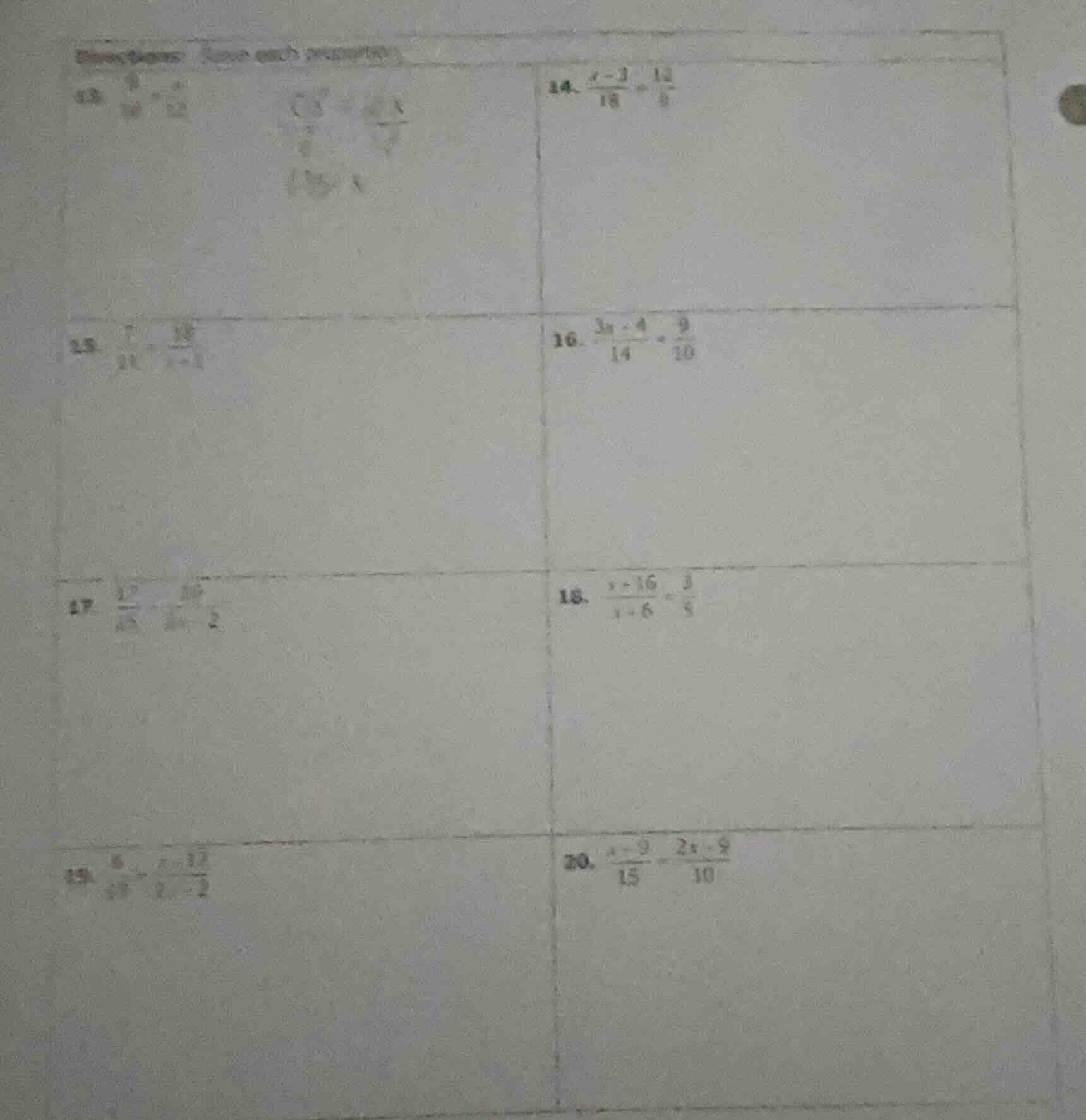13. \\(\\frac{9}{10} = \\frac{x}{52}\\)\ 14. \\(\\frac{x - 3}{18} = \\f…