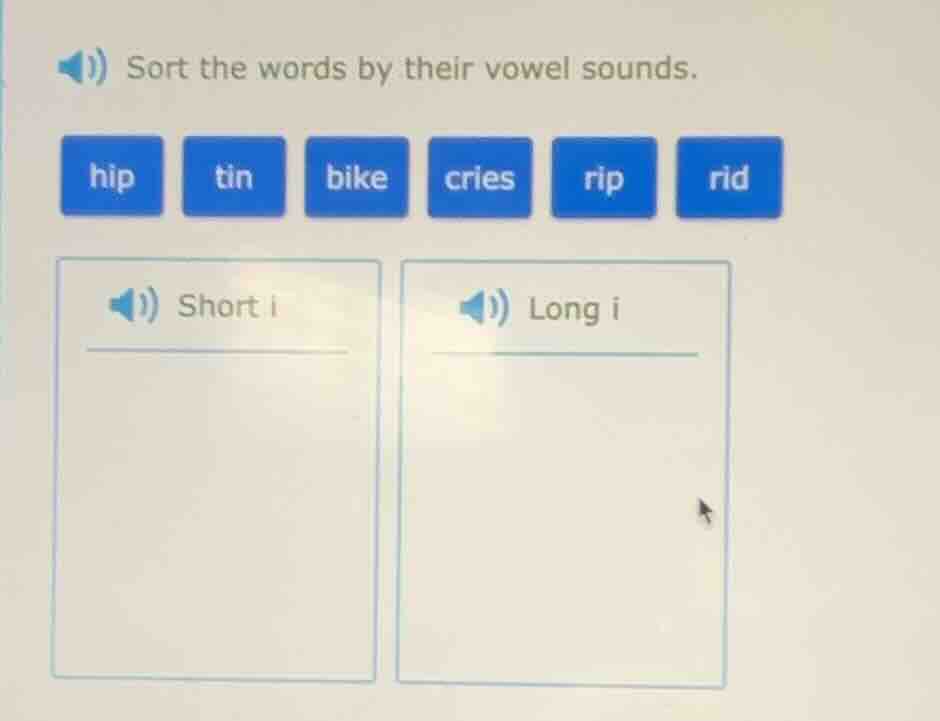 sort the words by their vowel sounds. hip tin bike cries rip rid short …