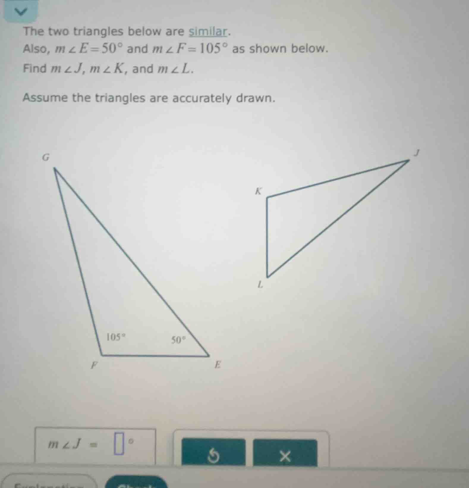 the two triangles below are similar. also, ( mangle e = 50^circ ) and (…