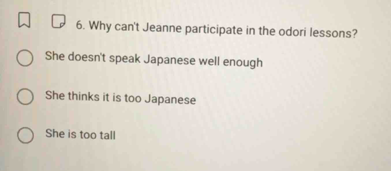 6. why cant jeanne participate in the odori lessons? she doesnt speak j…