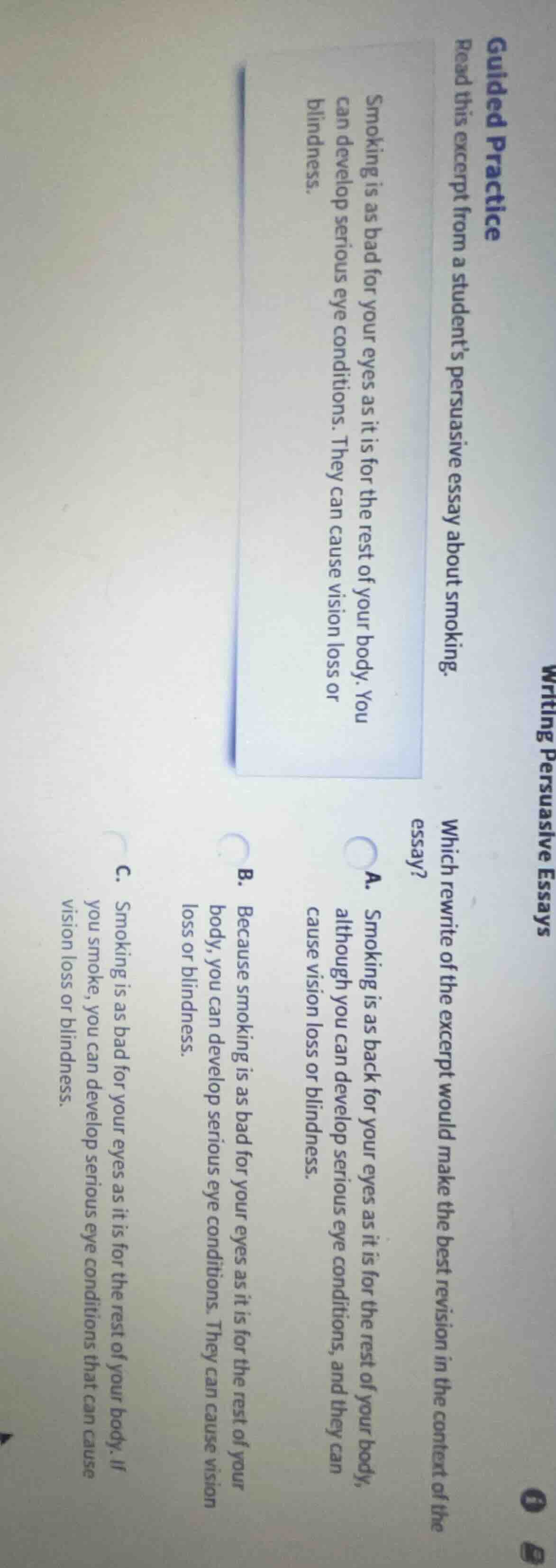 guided practice read this excerpt from a student’s persuasive essay abo…