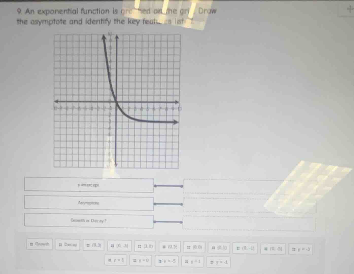 9. an exponential function is graphed on the grid. draw the asymptote a…