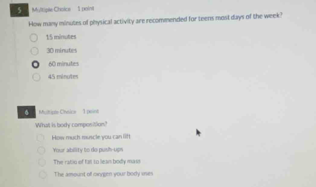 5 multiple choice 1 point how many minutes of physical activity are rec…