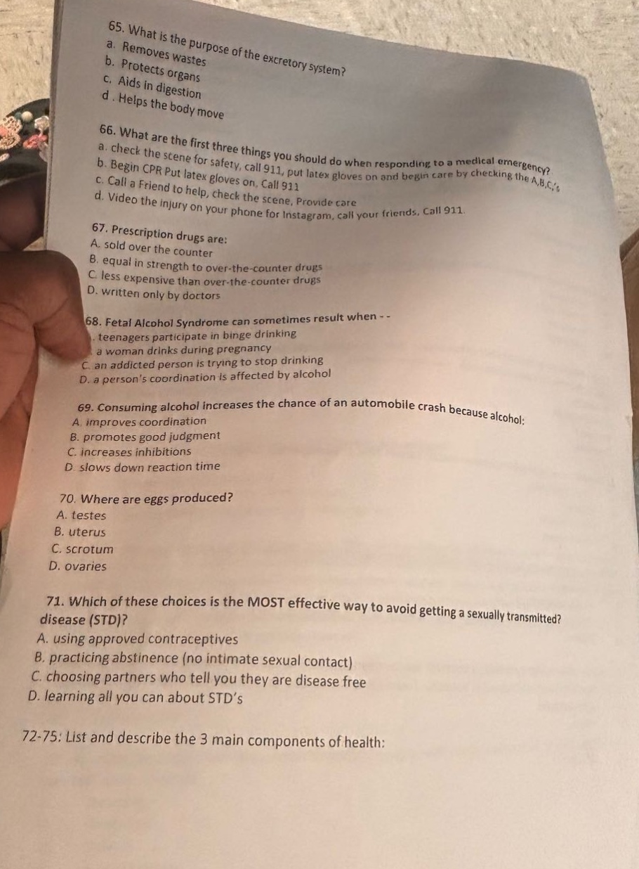 65. what is the purpose of the excretory system? a. removes wastes b. p…