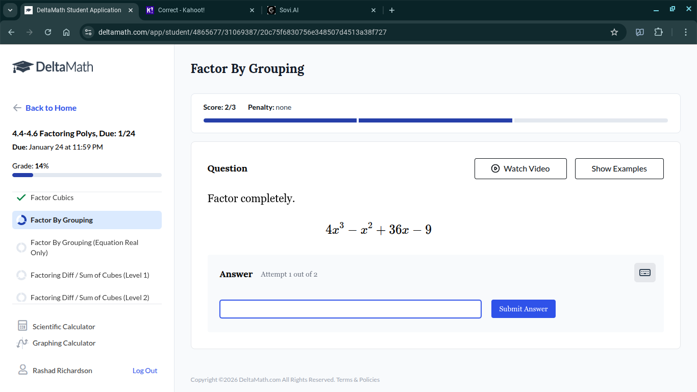 factor completely. $4x^3 - x^2 + 36x - 9$