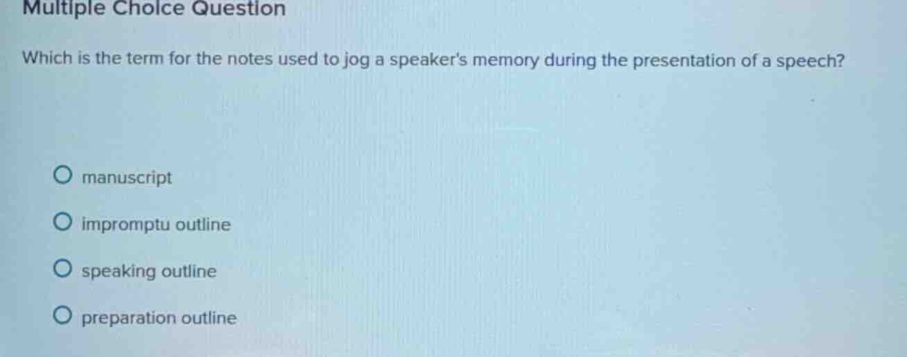 multiple choice question which is the term for the notes used to jog a …