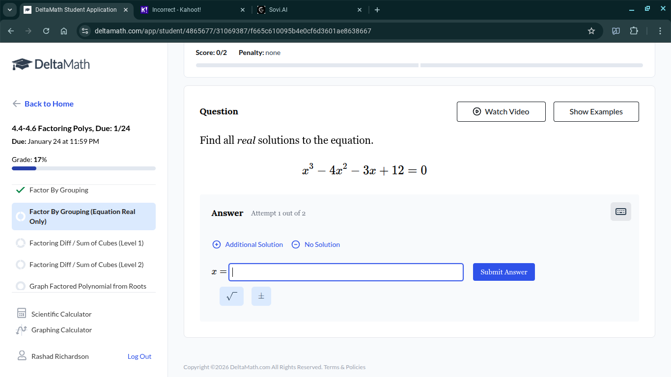find all real solutions to the equation. $x^3 - 4x^2 - 3x + 12 = 0$