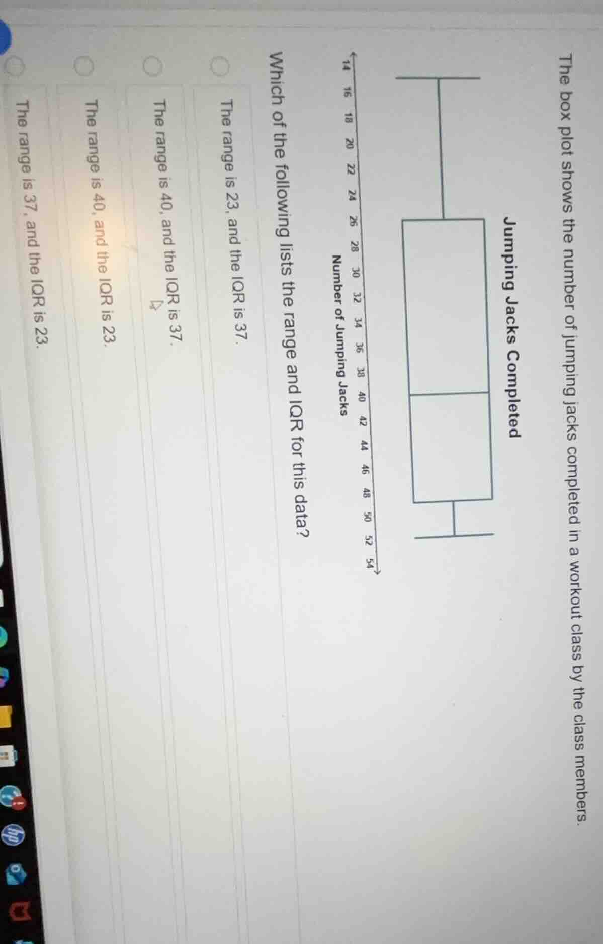 the box plot shows the number of jumping jacks completed in a workout c…
