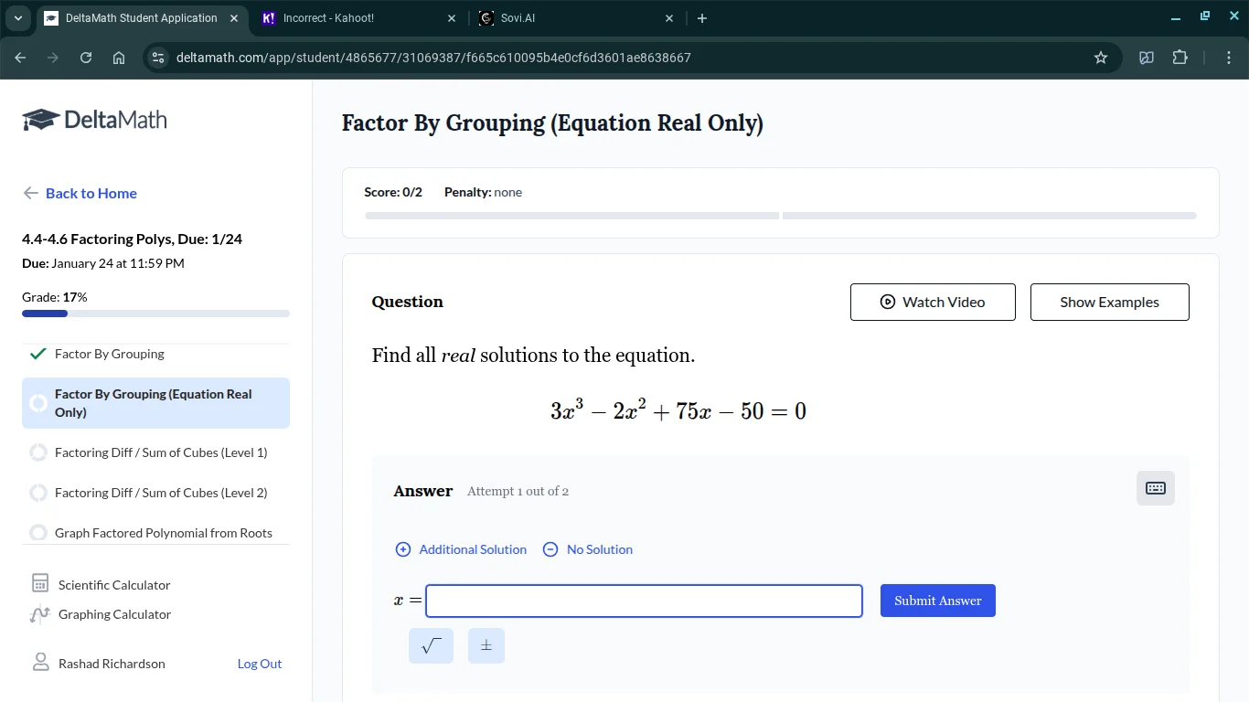 find all real solutions to the equation. $3x^3 - 2x^2 + 75x - 50 = 0$