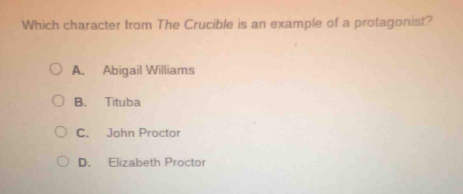 which character from the crucible is an example of a protagonist? a. ab…