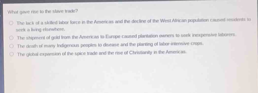 what gave rise to the slave trade? the lack of a skilled labor force in…