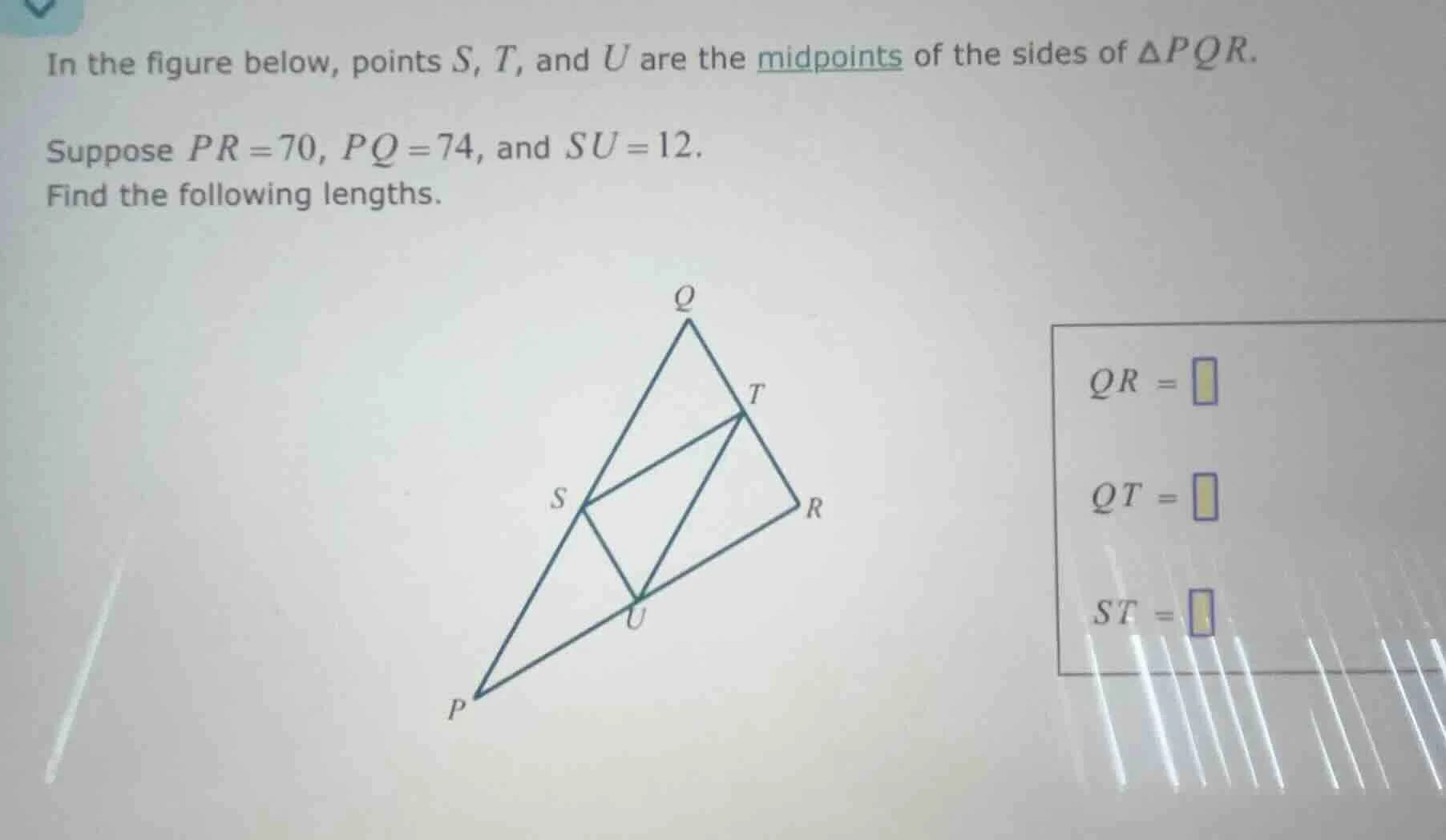 in the figure below, points s, t, and u are the midpoints of the sides …