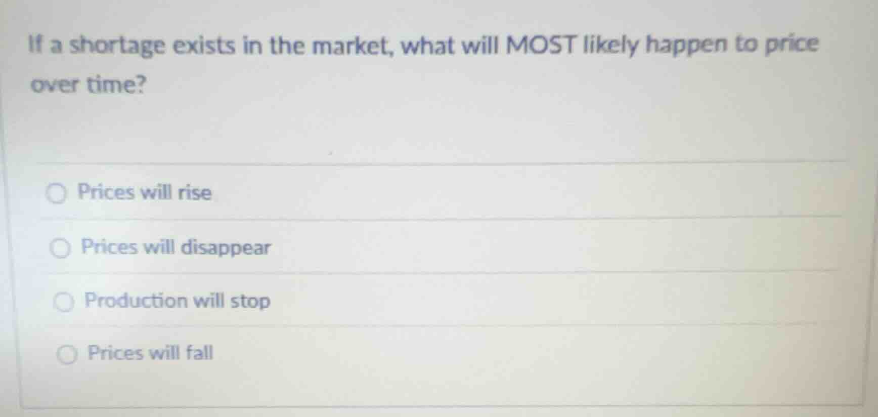 if a shortage exists in the market, what will most likely happen to pri…