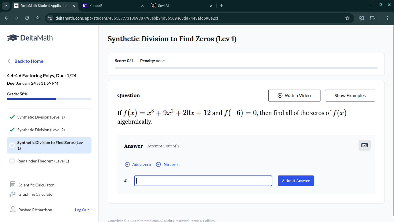 if $f(x) = x^3 + 9x^2 + 20x + 12$ and $f(-6) = 0$, then find all of the…