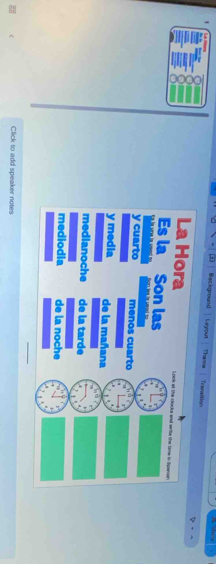 la hora es la es la la una hora to y cuarto y media medianoche mediodía…