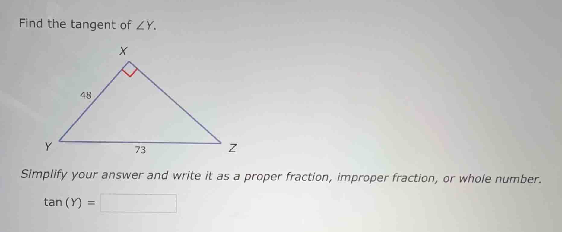 find the tangent of $\\angle y$. simplify your answer and write it as a…