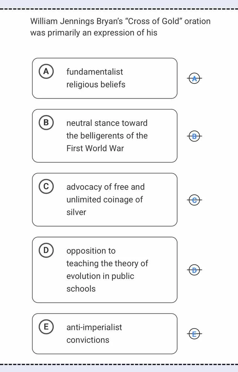 william jennings bryan’s “cross of gold” oration was primarily an expre…