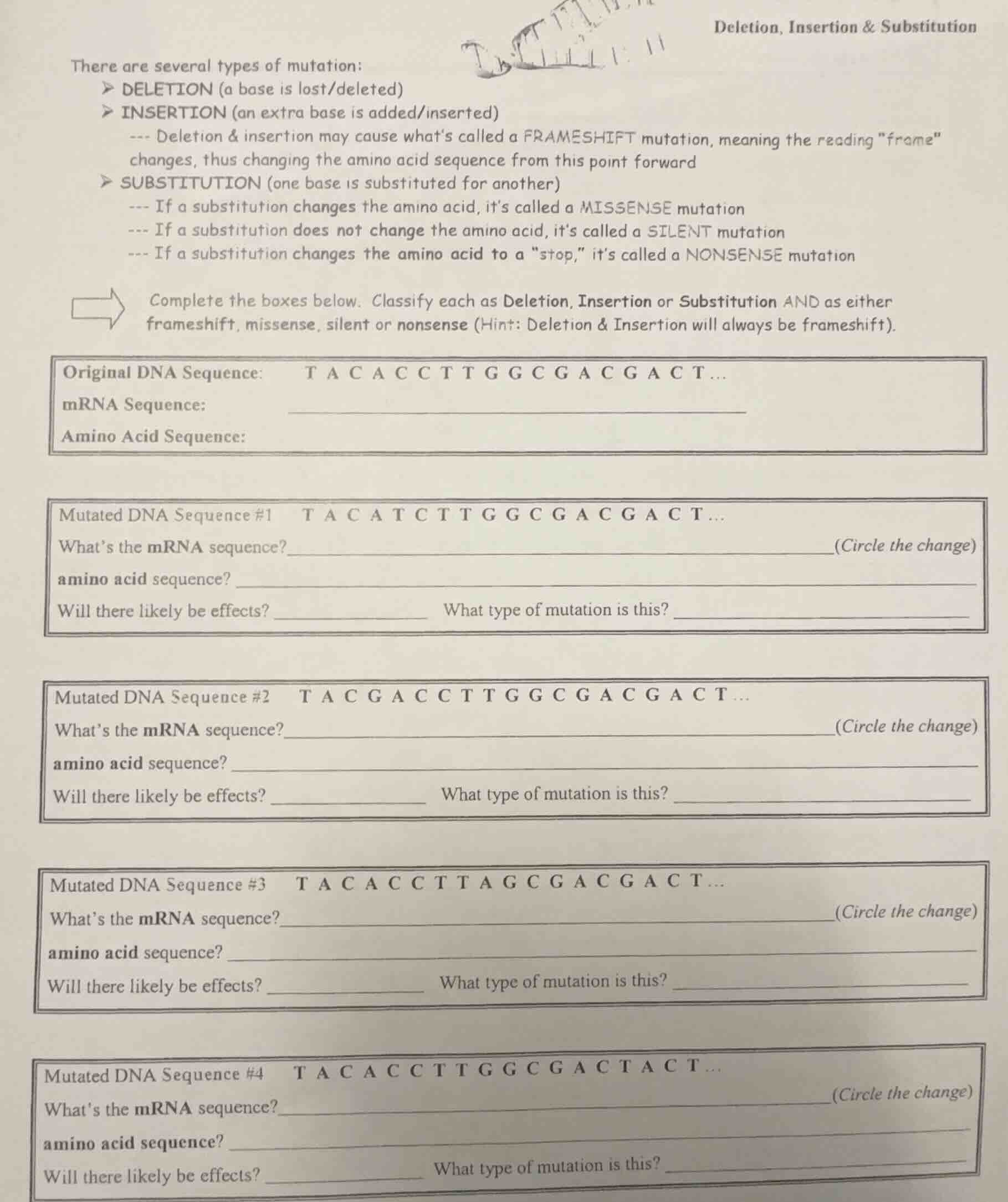 deletion, insertion & substitution there are several types of mutation:…