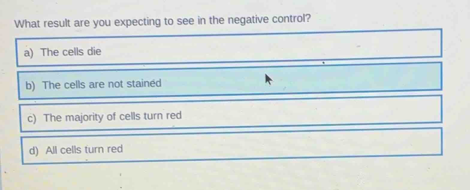 what result are you expecting to see in the negative control? a) the ce…