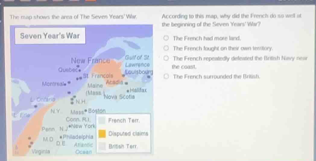 the map shows the area of the seven years war. according to this map, w…