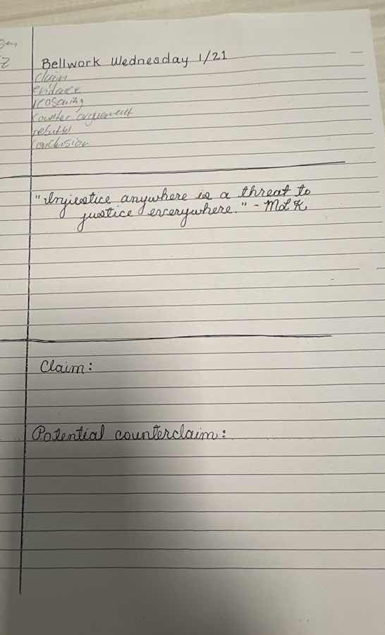 bellwork wednesday 1/21 class evidence vocabulary counter argument refu…
