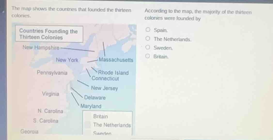 the map shows the countries that founded the thirteen colonies. countri…