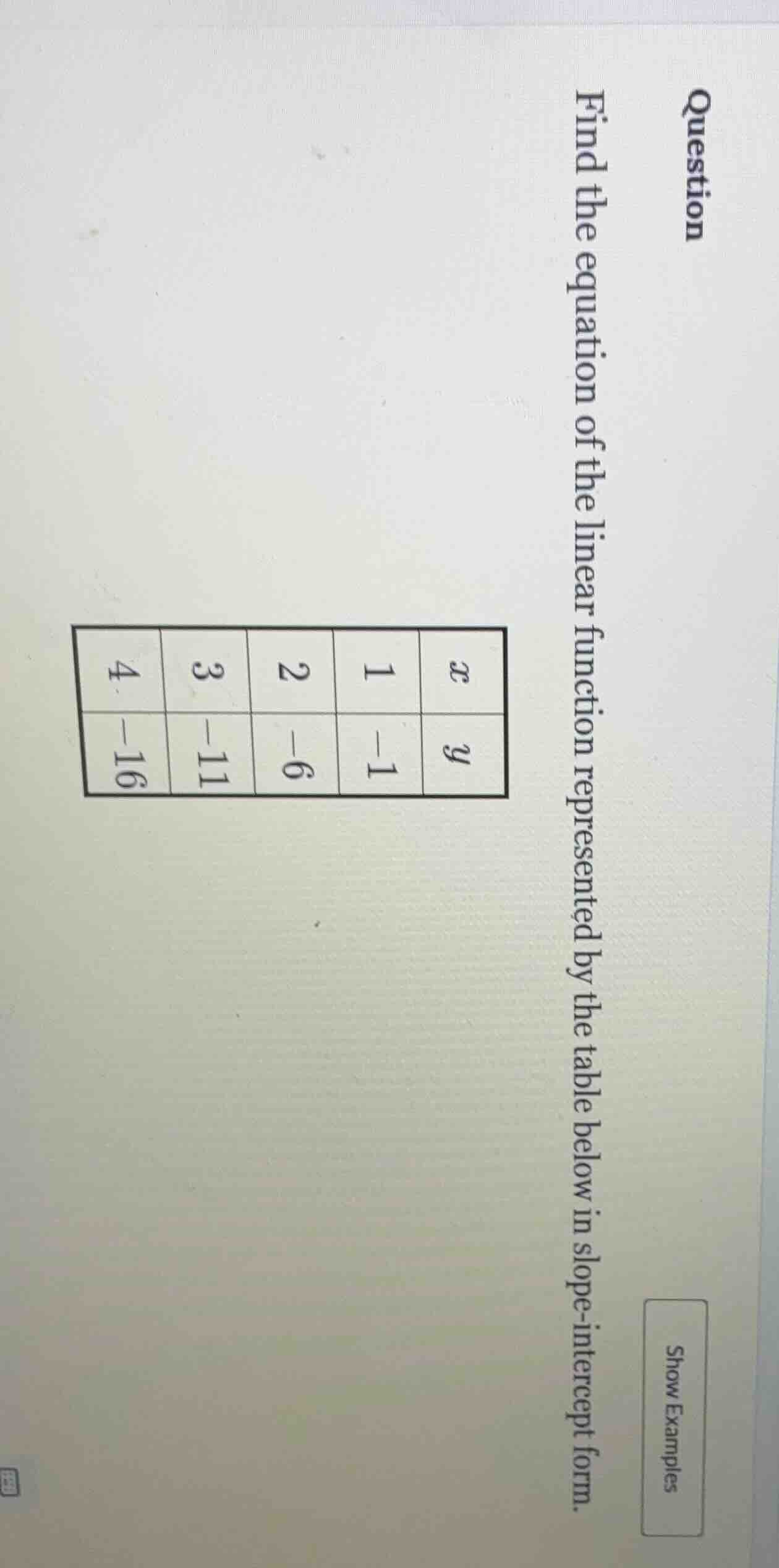 question find the equation of the linear function represented by the ta…