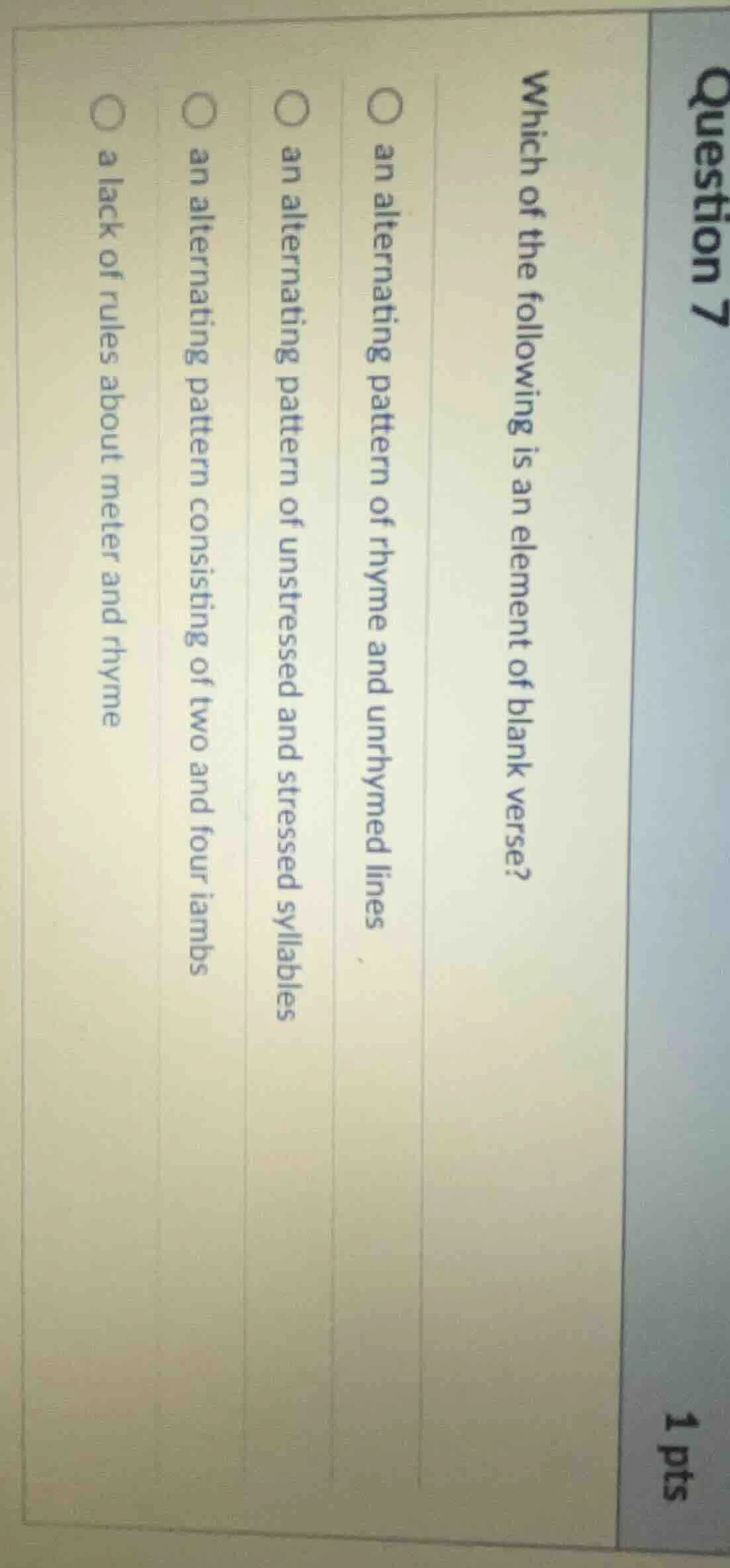 question 7 which of the following is an element of blank verse? - an al…