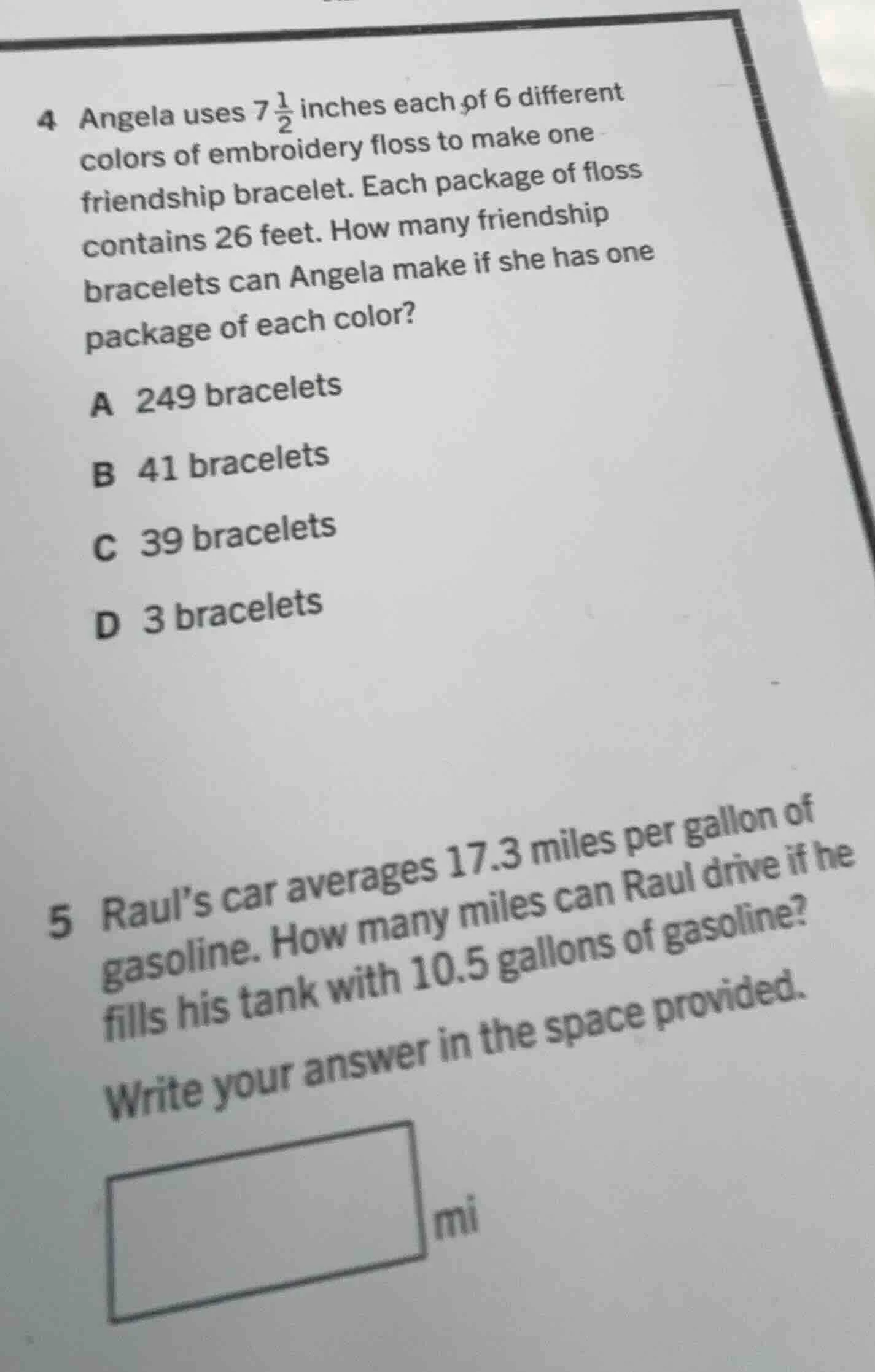 4 angela uses $7\\frac{1}{2}$ inches each of 6 different colors of embr…