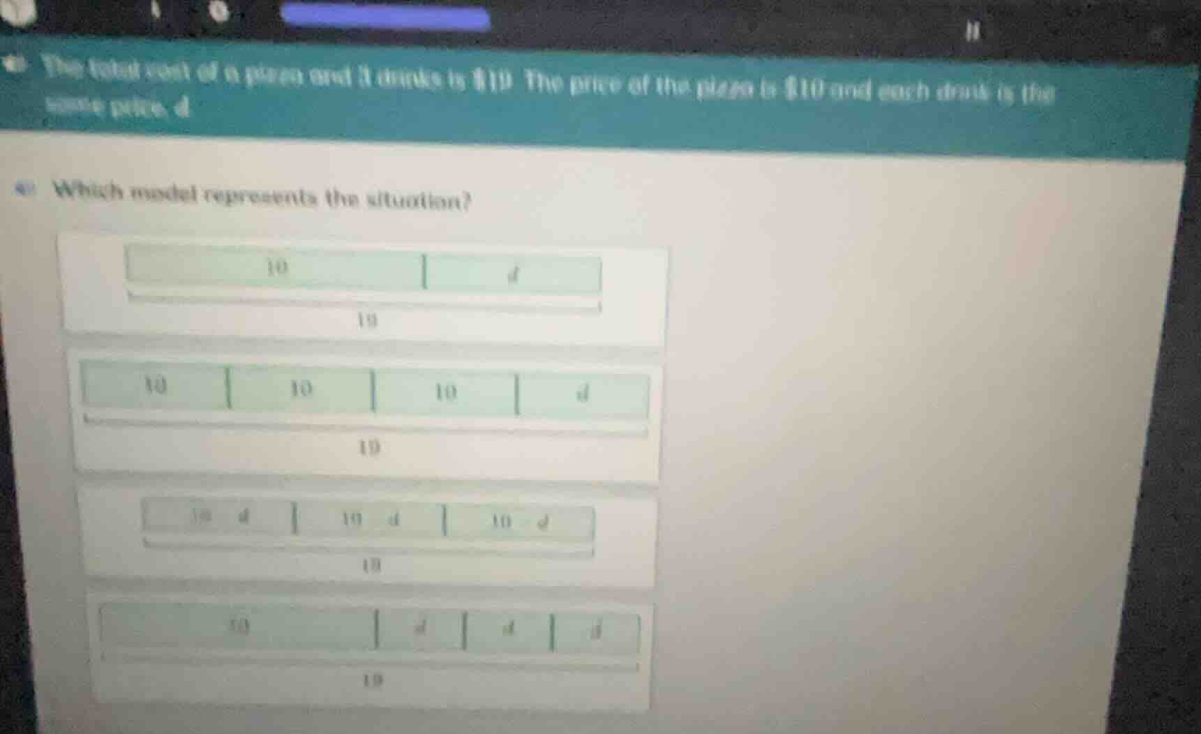 the total cost of a pizza and 3 drinks is $19. the price of the pizza i…