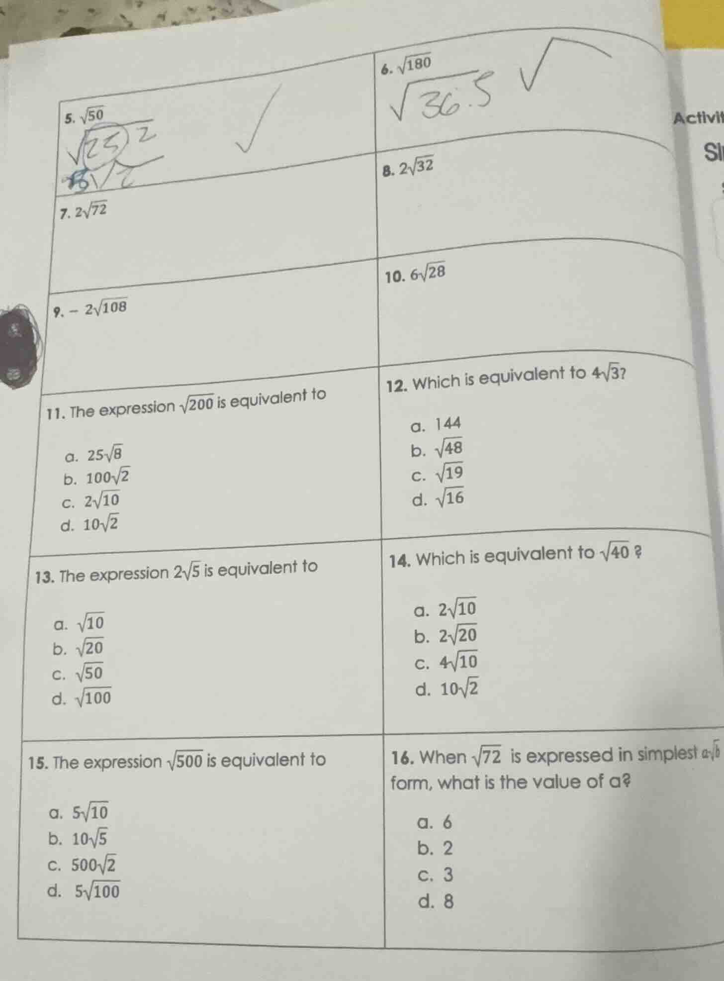 5. $\\sqrt{50}$ 6. $\\sqrt{180}$ 7. $2\\sqrt{72}$ 8. $2\\sqrt{32}$ 9. $…