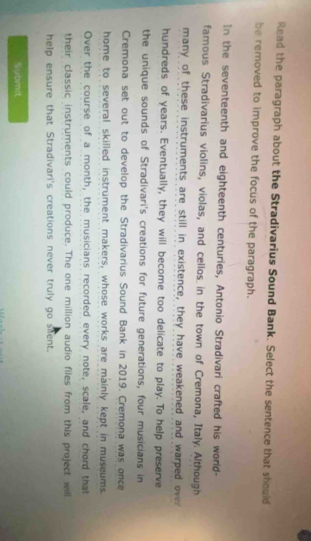 read the paragraph about the stradivarius sound bank. select the senten…