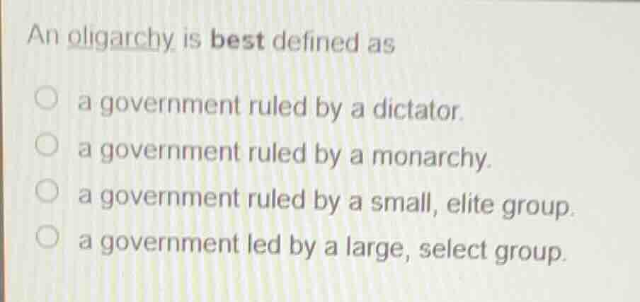 an oligarchy is best defined as a government ruled by a dictator. a gov…