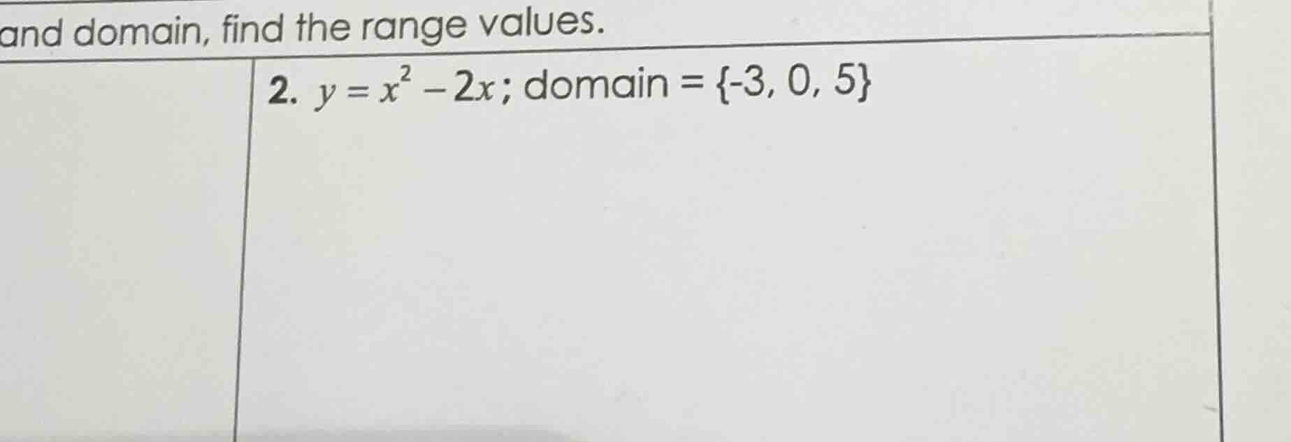 and domain, find the range values. 2. $y = x^2 - 2x$; domain $= \\{-3, …