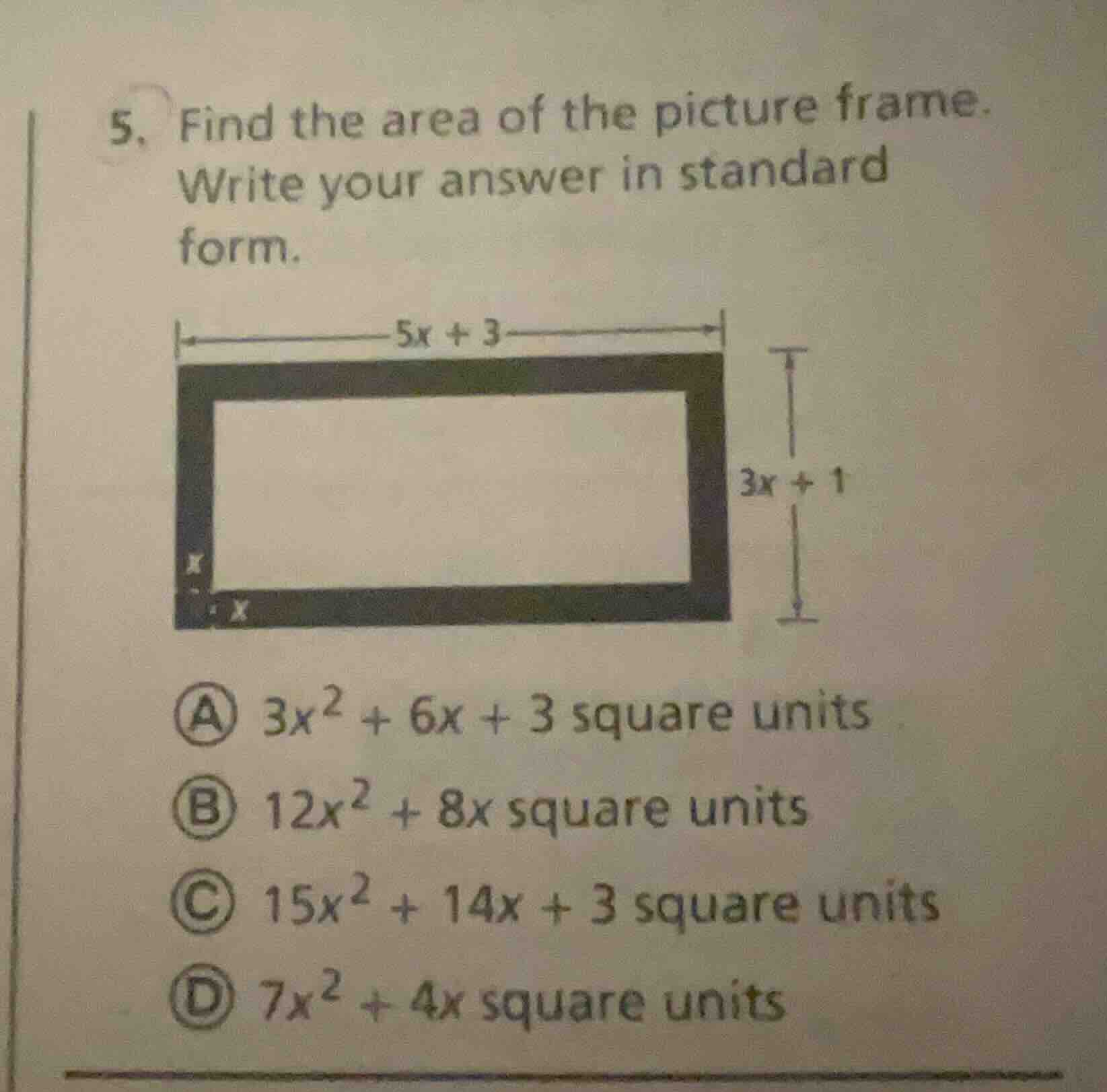 5. find the area of the picture frame. write your answer in standard fo…