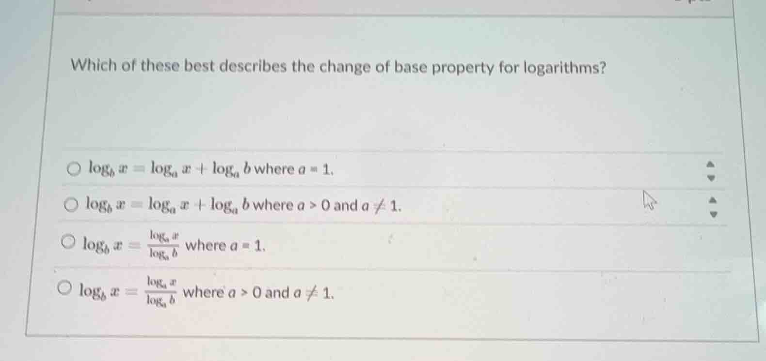 which of these best describes the change of base property for logarithm…