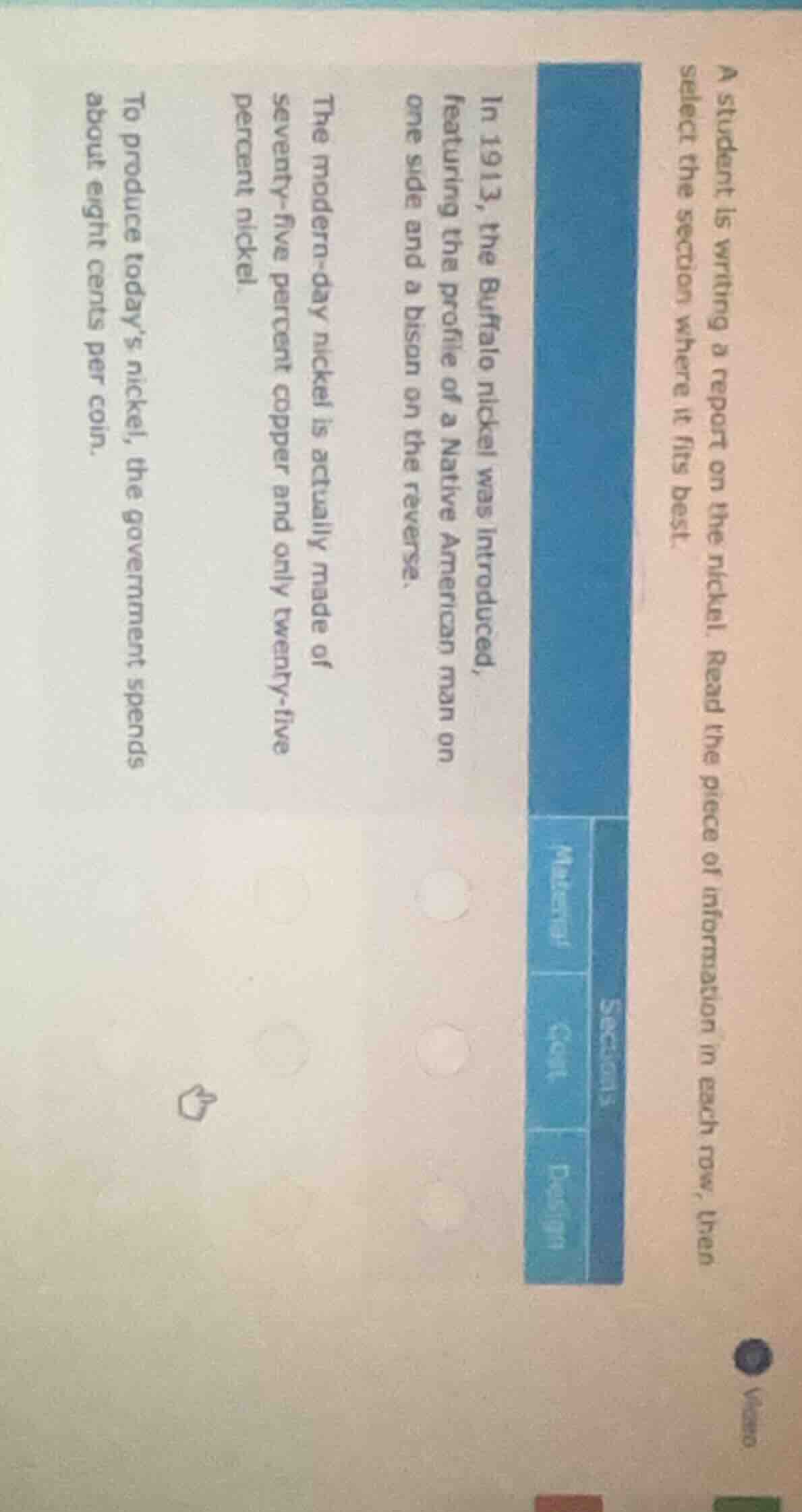 a student is writing a report on the nickel. read the piece of informat…