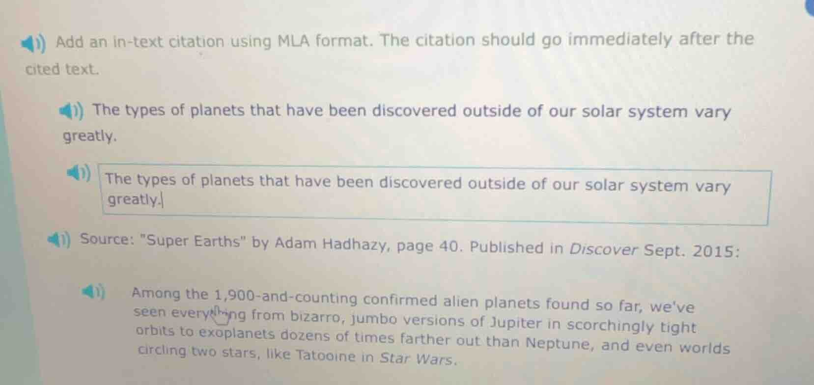 add an in - text citation using mla format. the citation should go imme…
