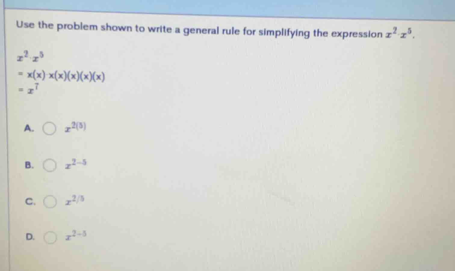 use the problem shown to write a general rule for simplifying the expre…