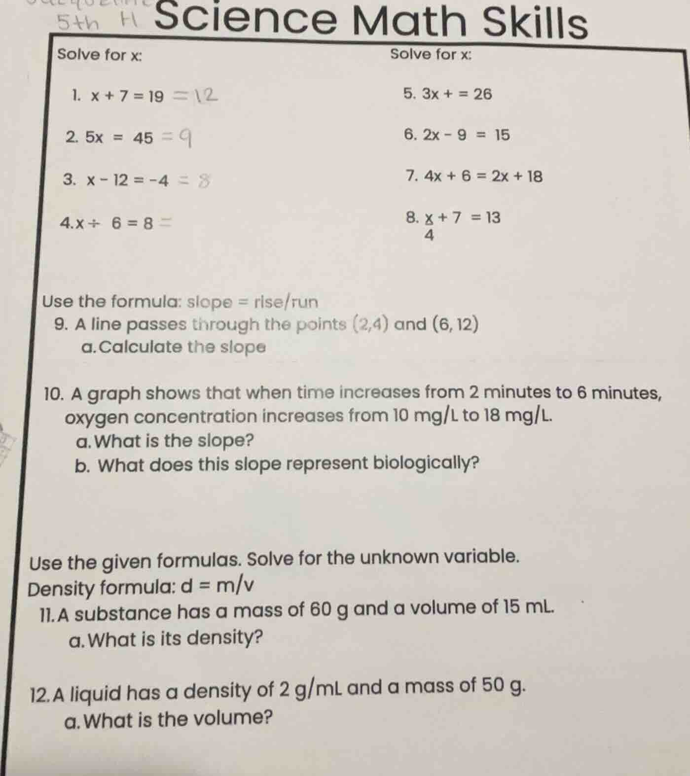 science math skills solve for x: solve for x: 1. ( x + 7 = 19 ) 2. ( 5x…