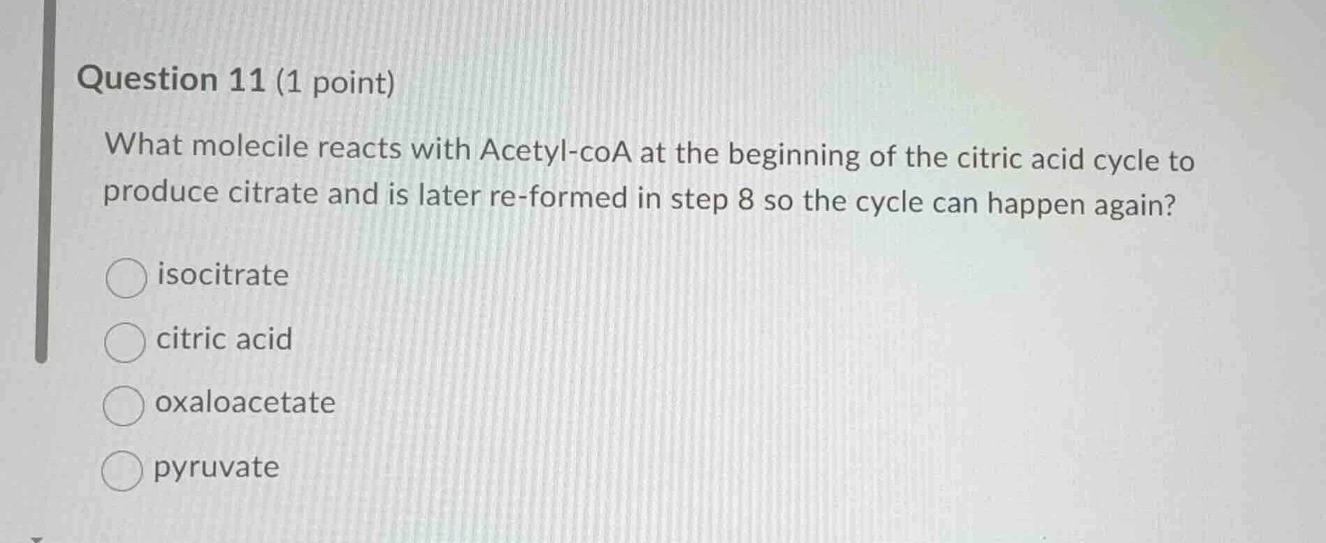 question 11 (1 point) what molecile reacts with acetyl-coa at the begin…