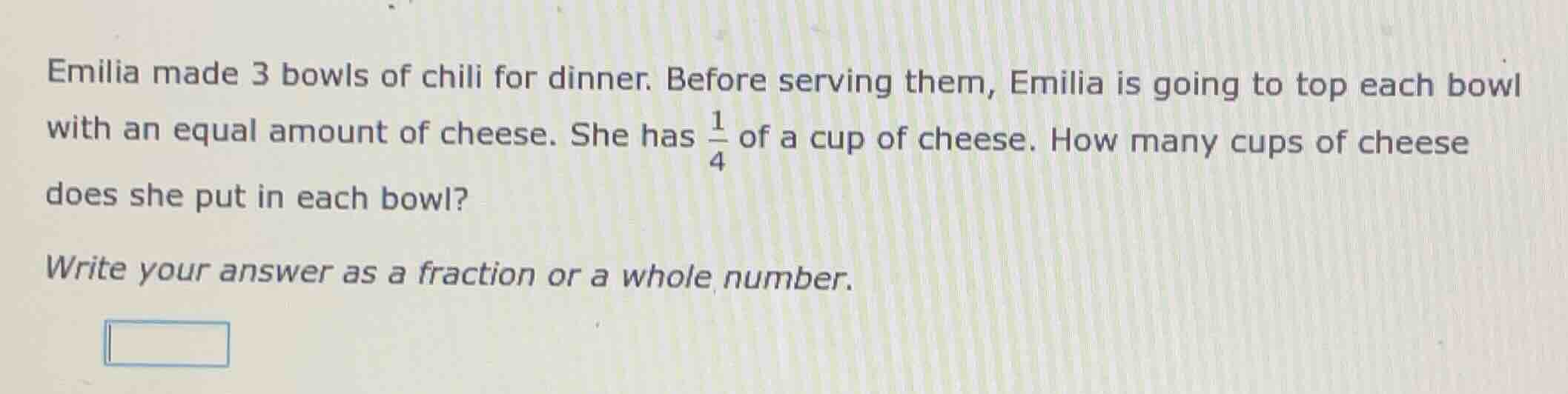 emilia made 3 bowls of chili for dinner. before serving them, emilia is…