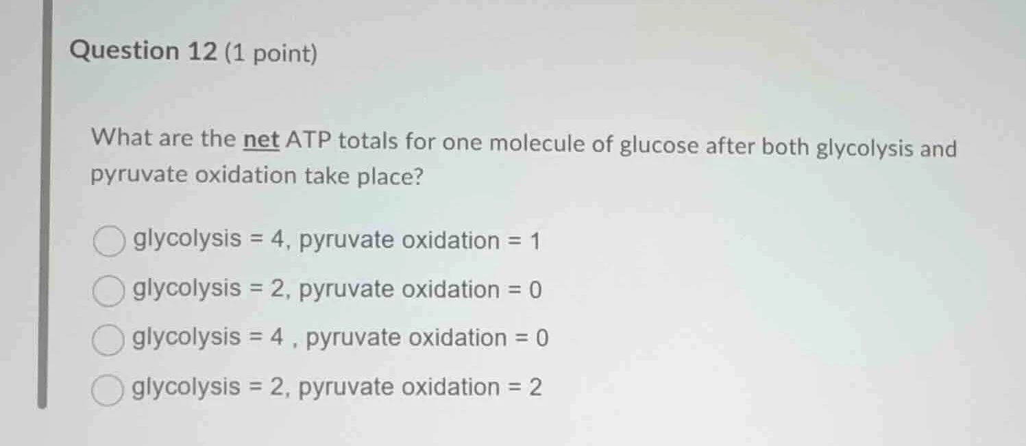 question 12 (1 point) what are the net atp totals for one molecule of g…