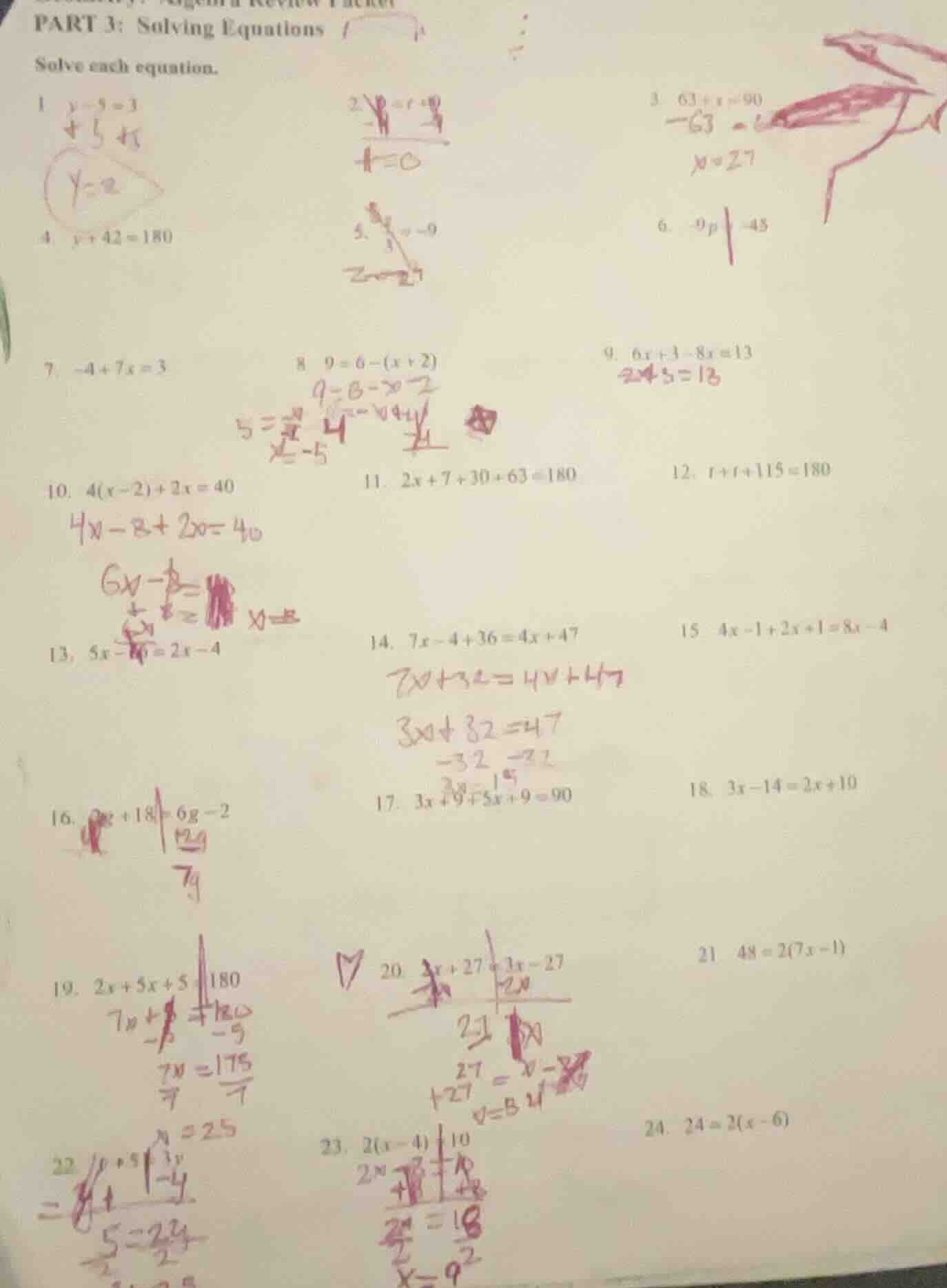 part 3: solving equations solve each equation. 1 ( y - 5 = 3 ) 2 () 3 (…