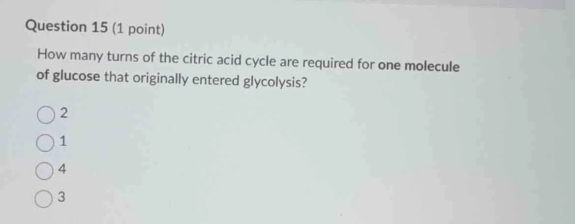 question 15 (1 point) how many turns of the citric acid cycle are requi…