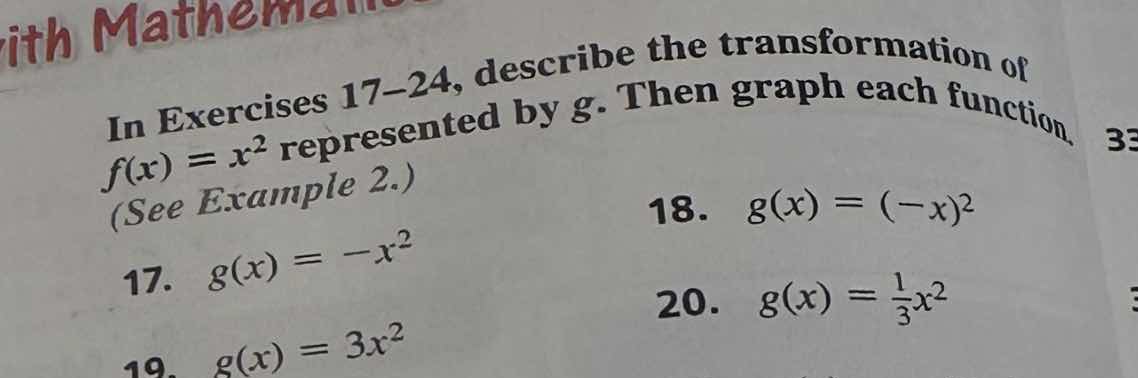 in exercises 17–24, describe the transformation of ( f(x) = x^2 ) repre…