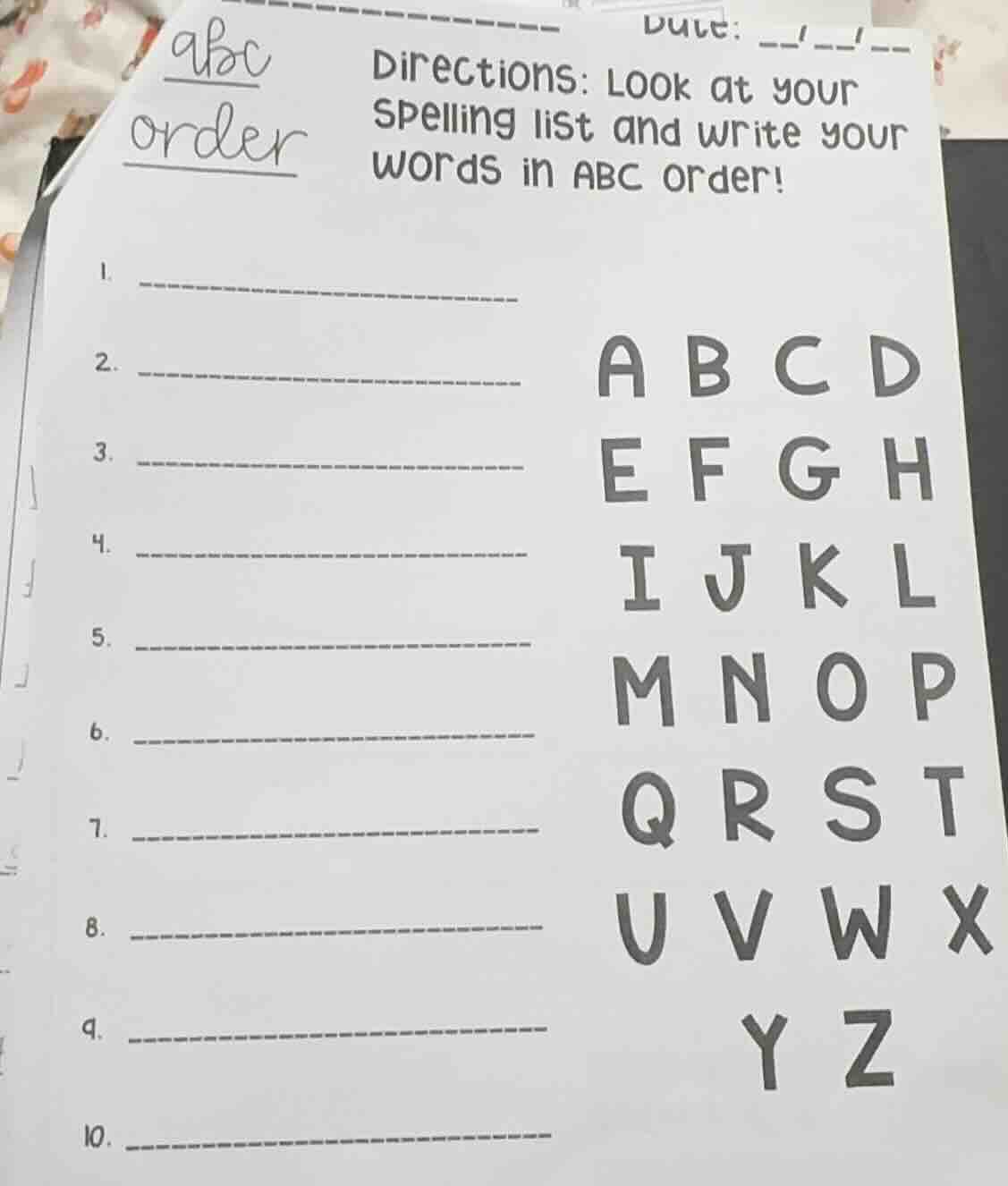 date: __/__/__ directions: look at your spelling list and write your wo…