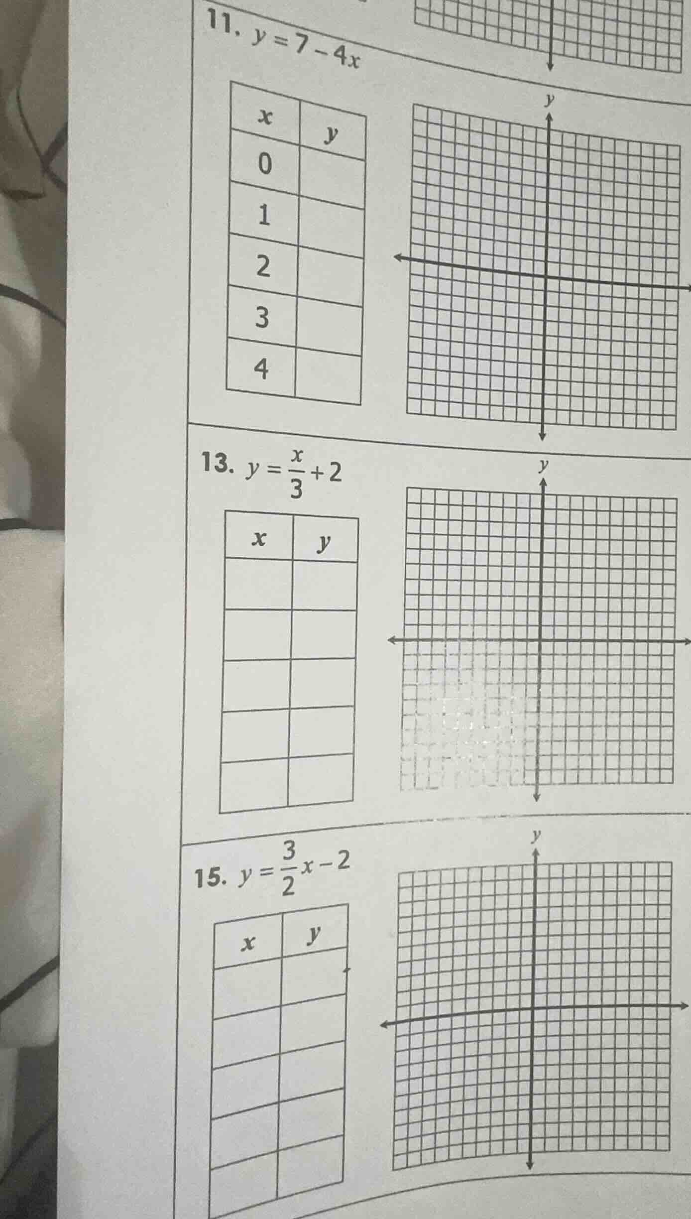 11. $y = 7 - 4x$ | $x$ | $y$ | | --- | --- | | 0 | | | 1 | | | 2 | | | …
